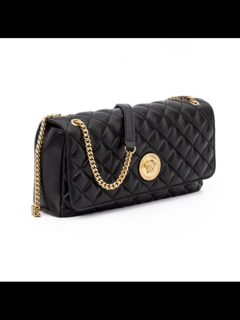 Versace Black Quilted Leather Shoulder Bag with Gold Chain